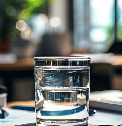 Glas water op een bureau in een lichte kantooromgeving